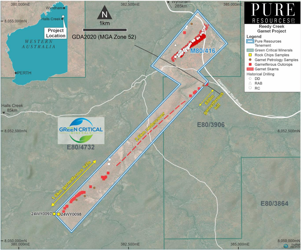 Reedy Creek Garnet Project (M80/416) — outcrop and infrastructure